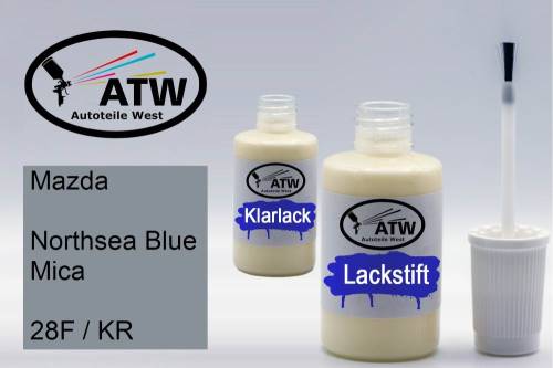 Mazda, Northsea Blue Mica, 28F / KR: 20ml Lackstift + 20ml Klarlack - Set, von ATW Autoteile West.